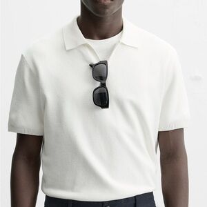 NWT Zara Men Textured Knit Polo Shirt M Ecru